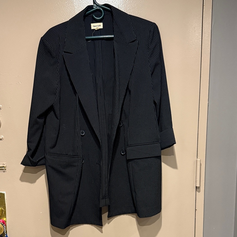 Open Edit Black Pinstripe Women's Blazer